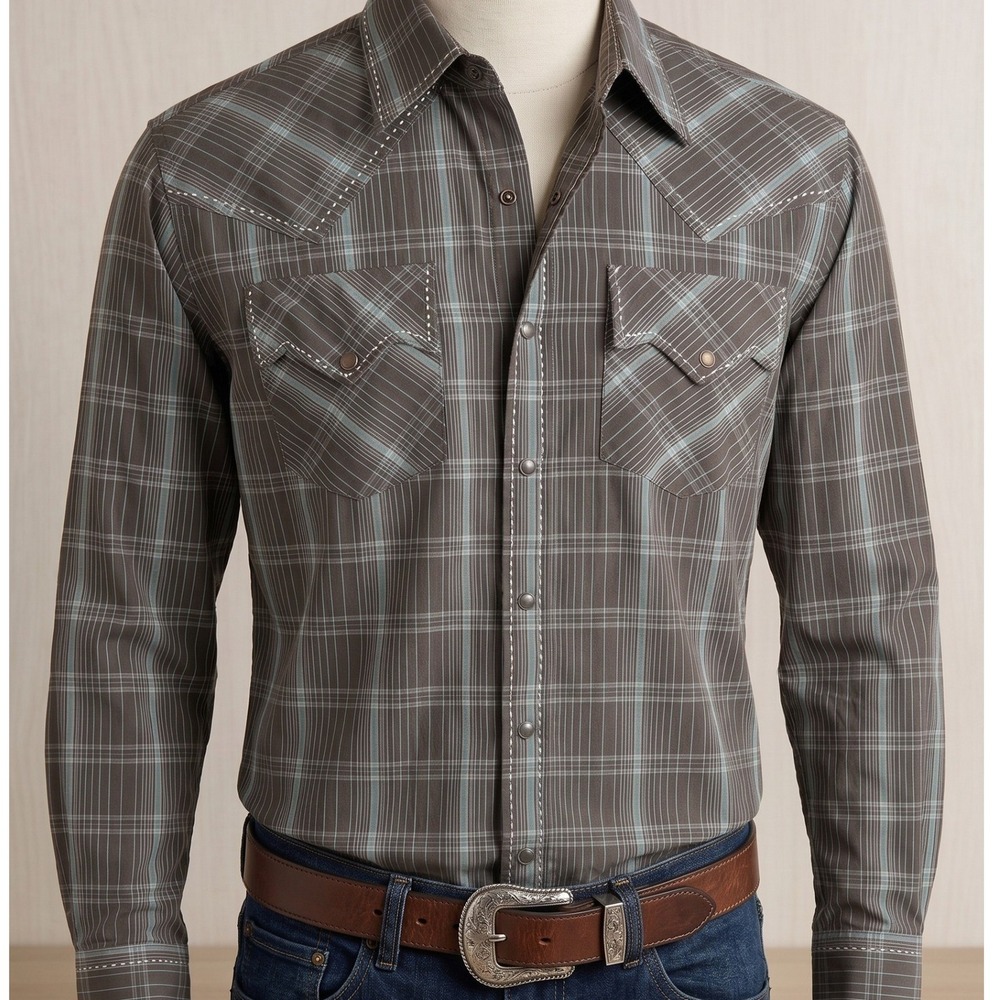 Cinch Retro Y2K Western Snap Shirt Charcoal Plaid Contrast Stitch Rodeo NFR Med